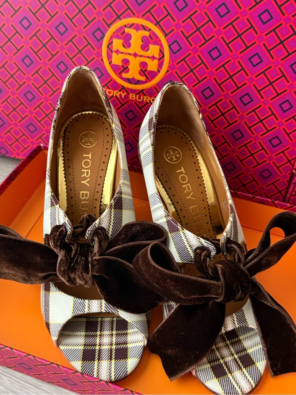 Tory Burch Brown and Cream Plaid Peep-Toe Flats with Velvet Bow